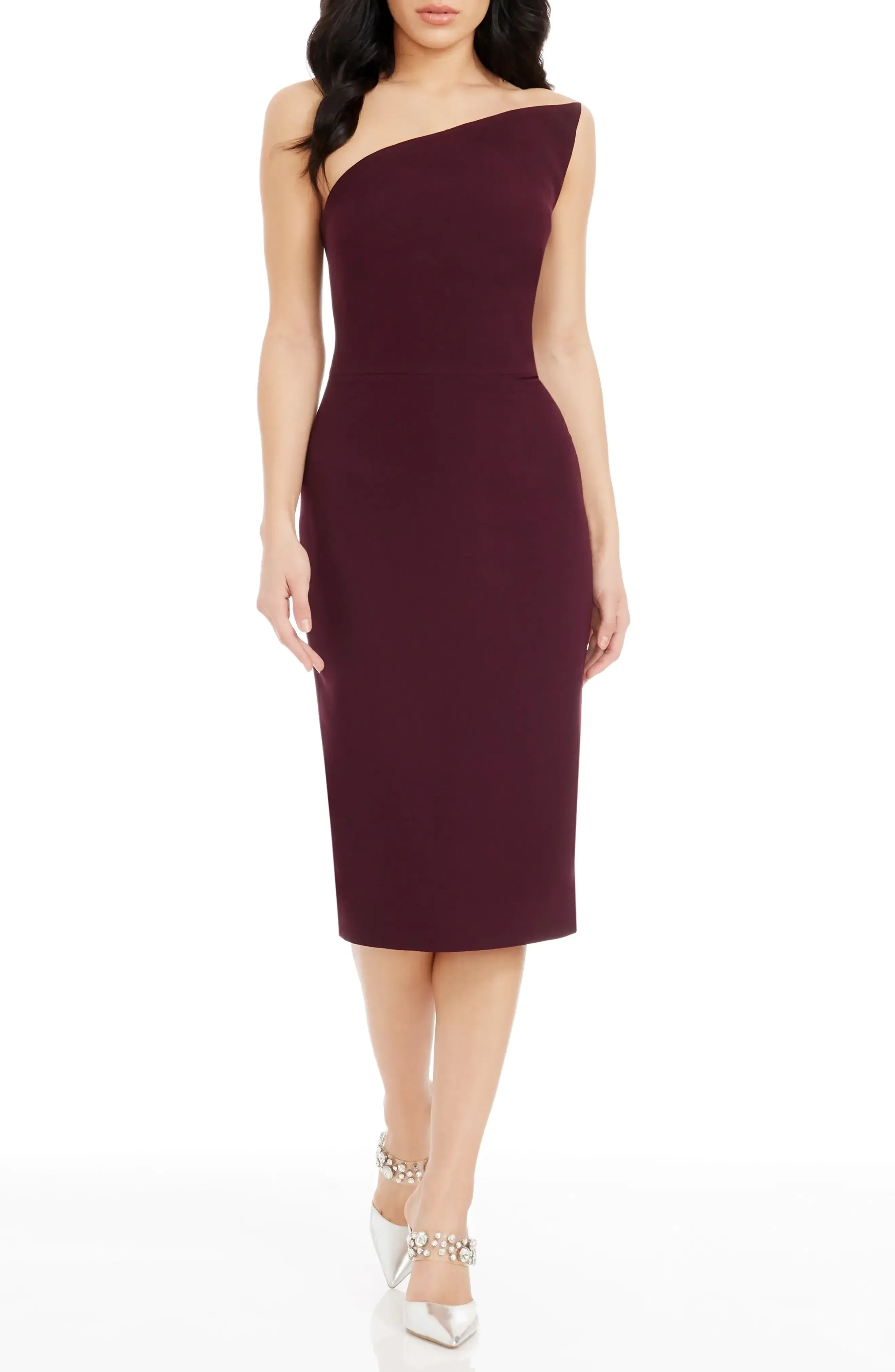Classy Sheath One Shoulder Sleeveless Zipper Back Midi Length Evening Dress