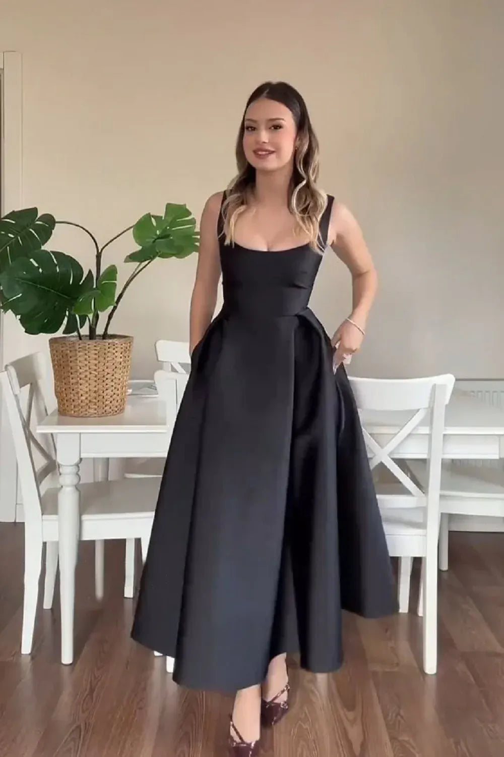 Classy Square Neck Sleeveless A-Line Ruched Ankle-Length Party Dress