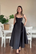 Classy Square Neck Sleeveless A-Line Ruched Ankle-Length Party Dress