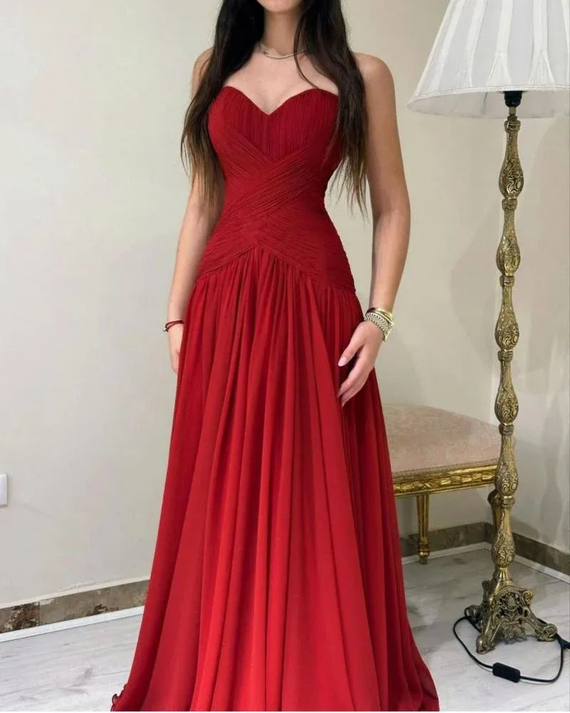 Classy Strapless Sleeveless A-Line Pleats Long Prom Dress