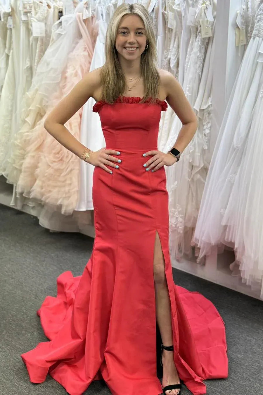 Classy Strapless Sleeveless Mermaid Slit Long Prom Dress