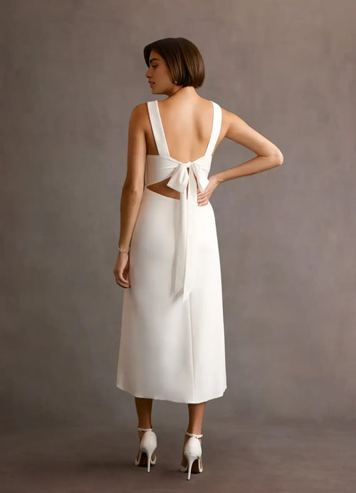 Clean Sheath V Neck Sleeveless Bow Cutout Back Midi Length Female Prom Dress