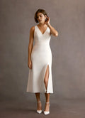 Clean Sheath V Neck Sleeveless Bow Cutout Back Midi Length Female Prom Dress