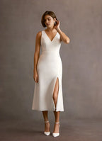 Clean Sheath V Neck Sleeveless Bow Cutout Back Midi Length Female Prom Dress