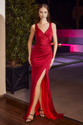 Cold Shoulder V Neck Pleats Mermaid Trumpet Floor-Length Evening Dress With Side Slit Unique Sparkle & Shine Ball Gowns