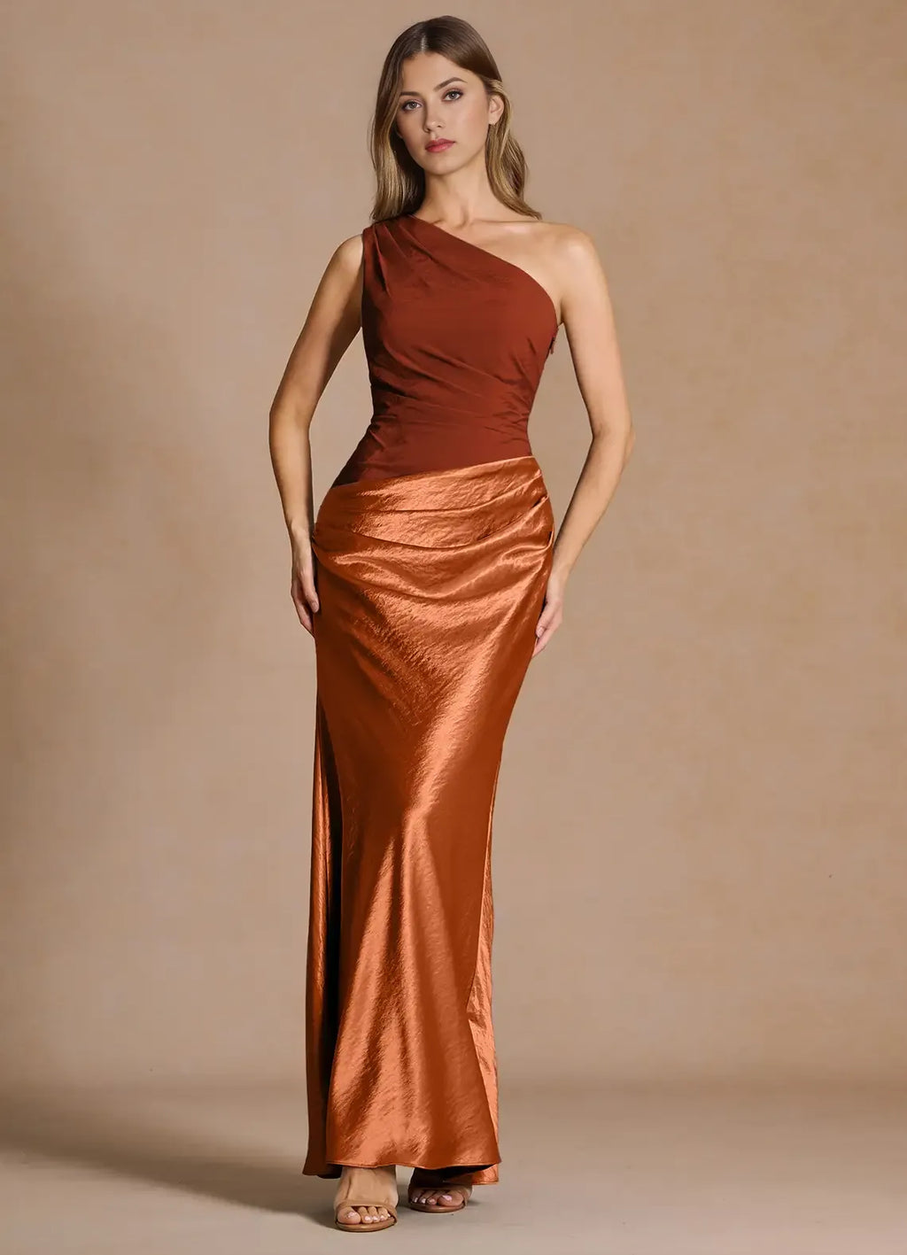 Color Block One Shoulder Satin Mermaid Ruched Bodice Floor Length Hot sale Prom Dress