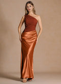 Color Block One Shoulder Satin Mermaid Ruched Bodice Floor Length Hot sale Prom Dress