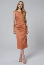 Column Bateau Neckline Tea Length Cap Sleeves Pleat Prom Dresses Elegant Prom Dresses