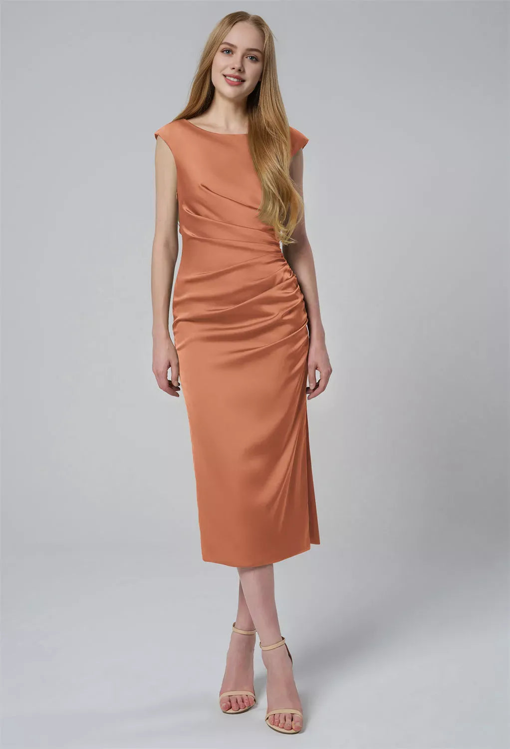Column Bateau Neckline Tea Length Cap Sleeves Pleat Prom Dresses Elegant Prom Dresses