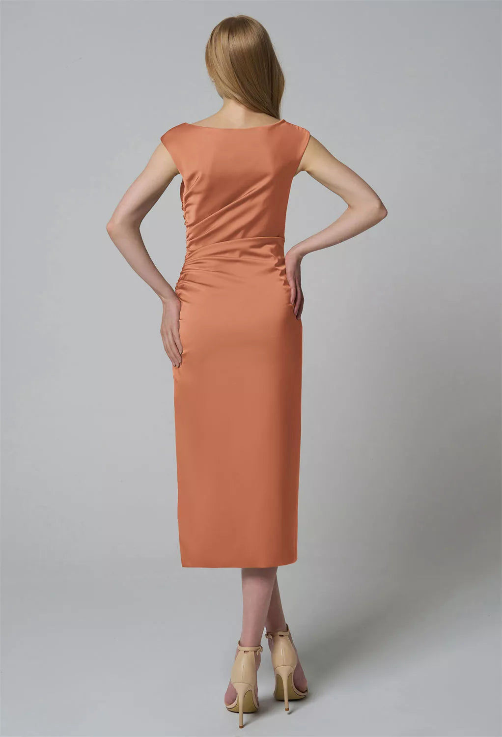 Column Bateau Neckline Tea Length Cap Sleeves Pleat Prom Dresses Elegant Prom Dresses