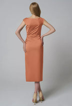 Column Bateau Neckline Tea Length Cap Sleeves Pleat Prom Dresses Elegant Prom Dresses