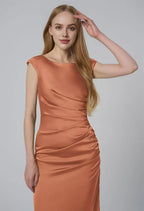 Column Bateau Neckline Tea Length Cap Sleeves Pleat Prom Dresses Elegant Prom Dresses