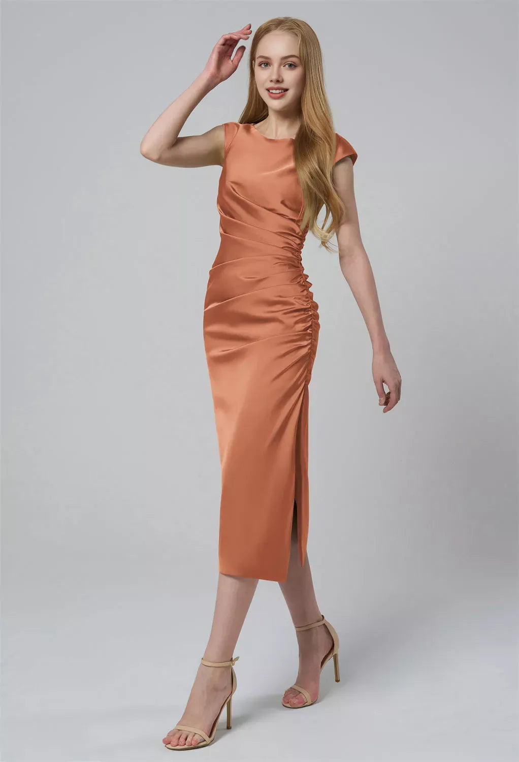 Column Bateau Neckline Tea Length Cap Sleeves Pleat Prom Dresses Elegant Prom Dresses