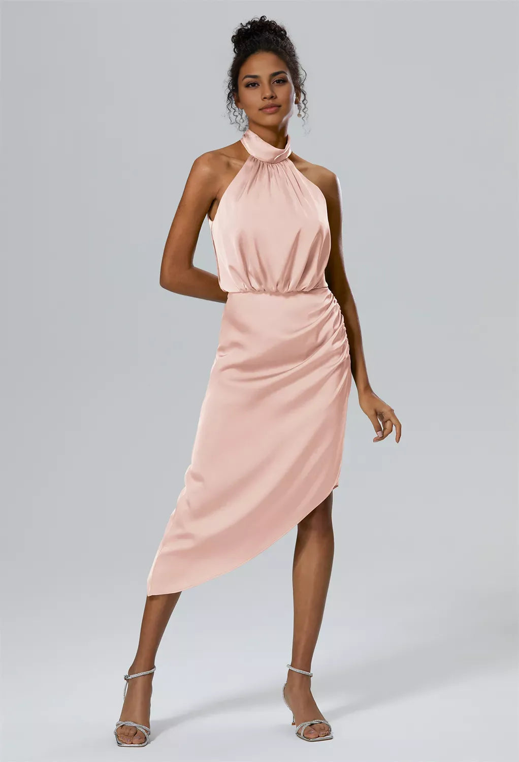 Column Halter-Neck Knee Length Sleeveless Prom Dresses Beautiful Asymmetrical Hem Affordable Evening Dresses