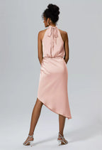 Column Halter-Neck Knee Length Sleeveless Prom Dresses Beautiful Asymmetrical Hem Affordable Evening Dresses