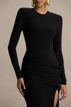 Compelling Mermaid Crew Neck Long Sleeve Ruched Side Floor Length Evening Dress
