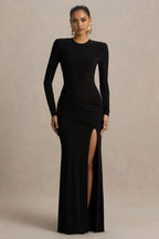 Compelling Mermaid Crew Neck Long Sleeve Ruched Side Floor Length Evening Dress