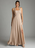 Convertible Halter Bridesmaid Dress with Back Bow, Ruched Waist and High Slit