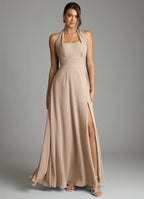 Convertible Halter Bridesmaid Dress with Back Bow, Ruched Waist and High Slit