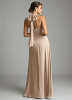 Convertible Halter Bridesmaid Dress with Back Bow, Ruched Waist and High Slit