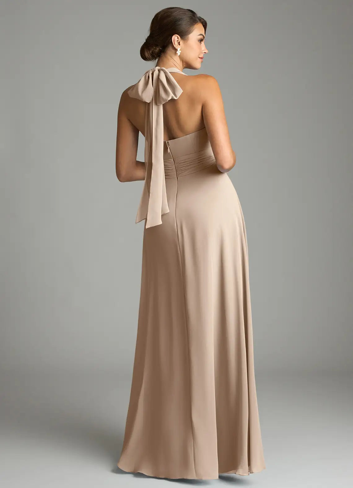 Convertible Halter Bridesmaid Dress with Back Bow, Ruched Waist and High Slit