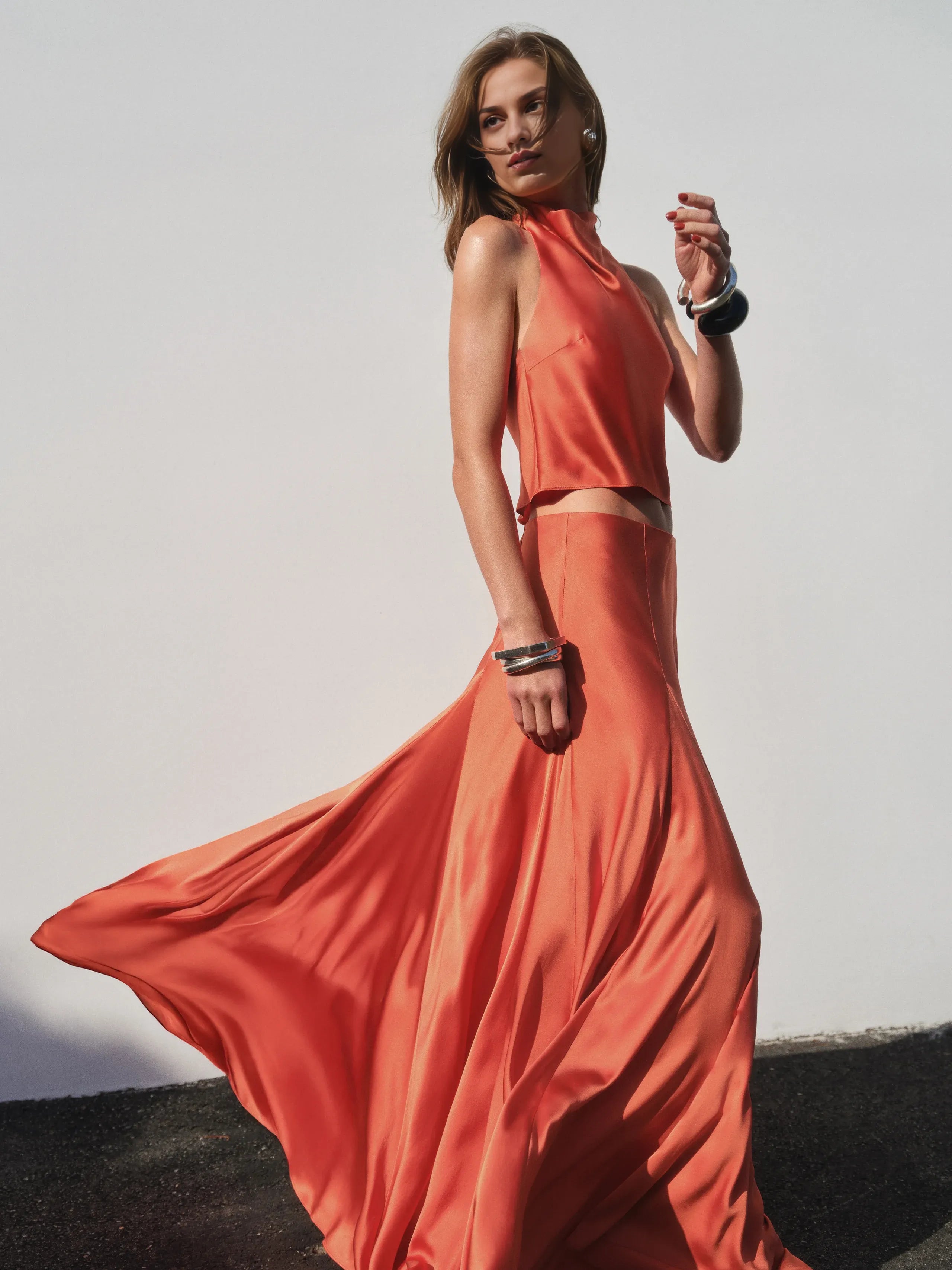Dress Vintage Cowl Hight Neck Two Piece Sleeveless A-line Prom Dress Maxi Dress Backless Solid Color Evening Dress