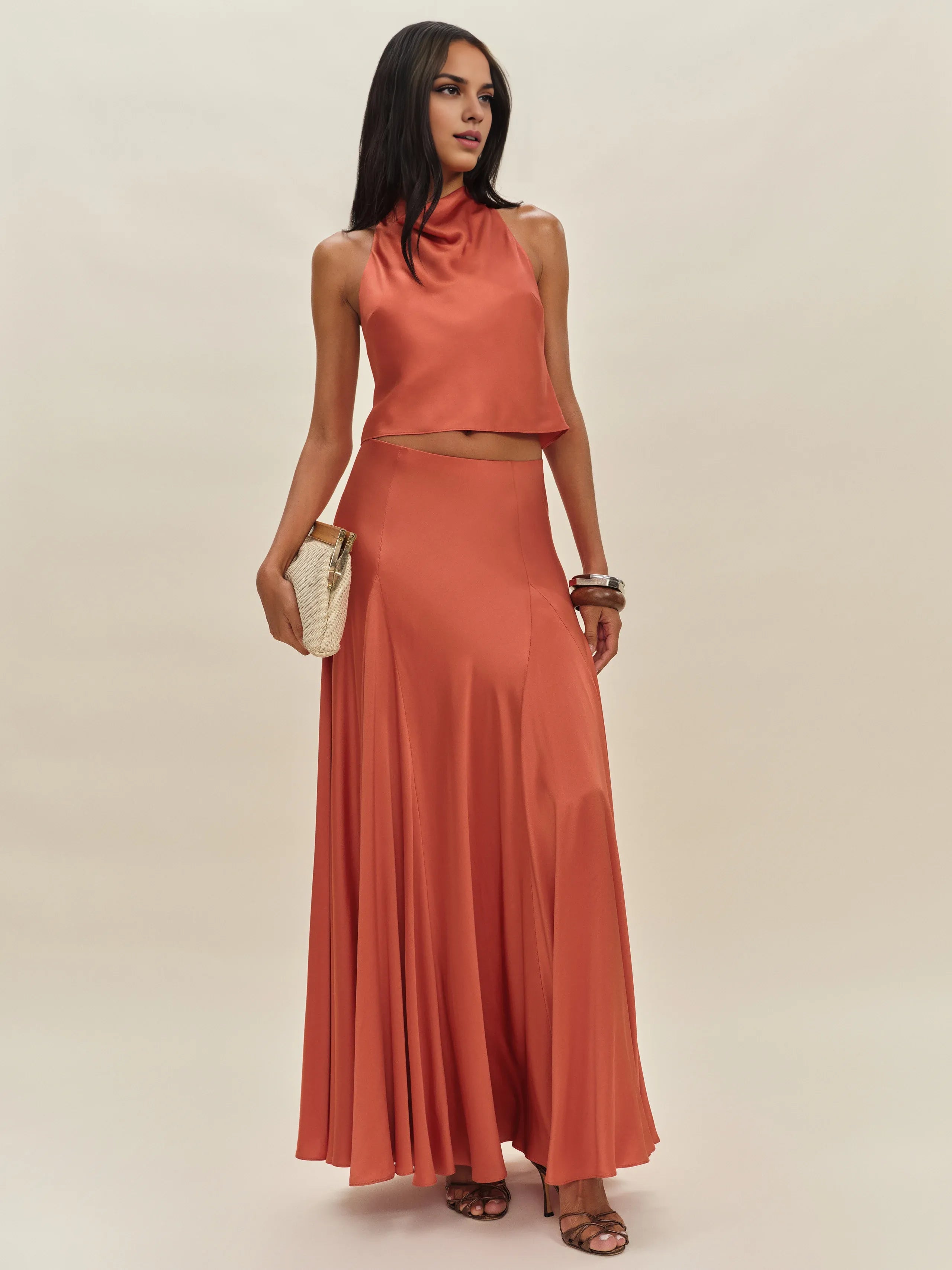 Dress Vintage Cowl Hight Neck Two Piece Sleeveless A-line Prom Dress Maxi Dress Backless Solid Color Evening Dress