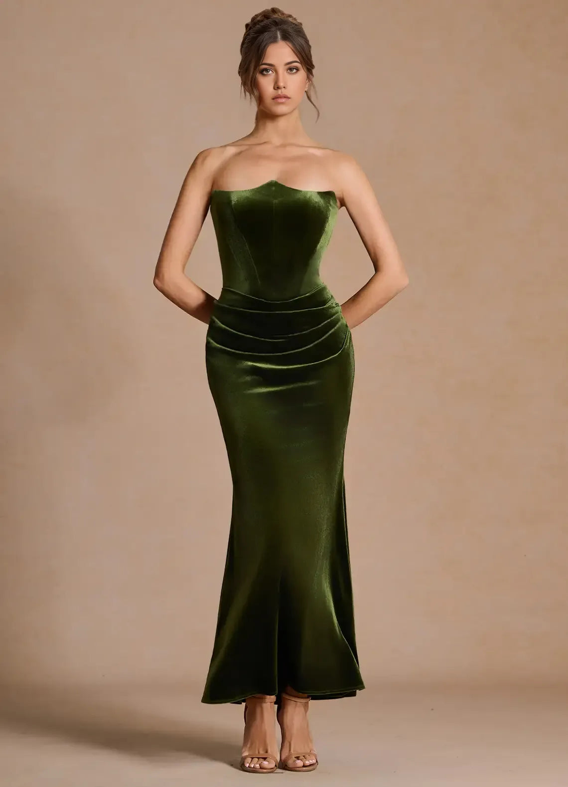 Corset Bodice Velvet Mermaid Strapless Ruched Zipper Back Floor Length Hot sale Prom Dress