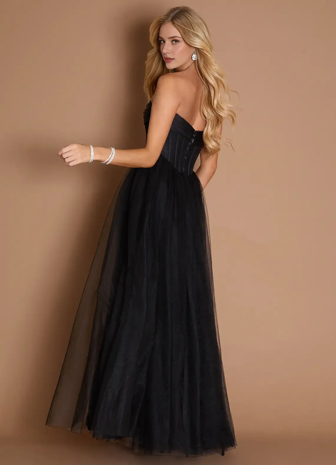 Corset Tulle Ballgown Strapless Sleeveless Button Back Floor Length For Ladies Prom Dress