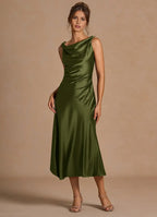Cowl Neck Satin Sheath Asymmetrical Hem V Back Midi Length Female Prom Dress