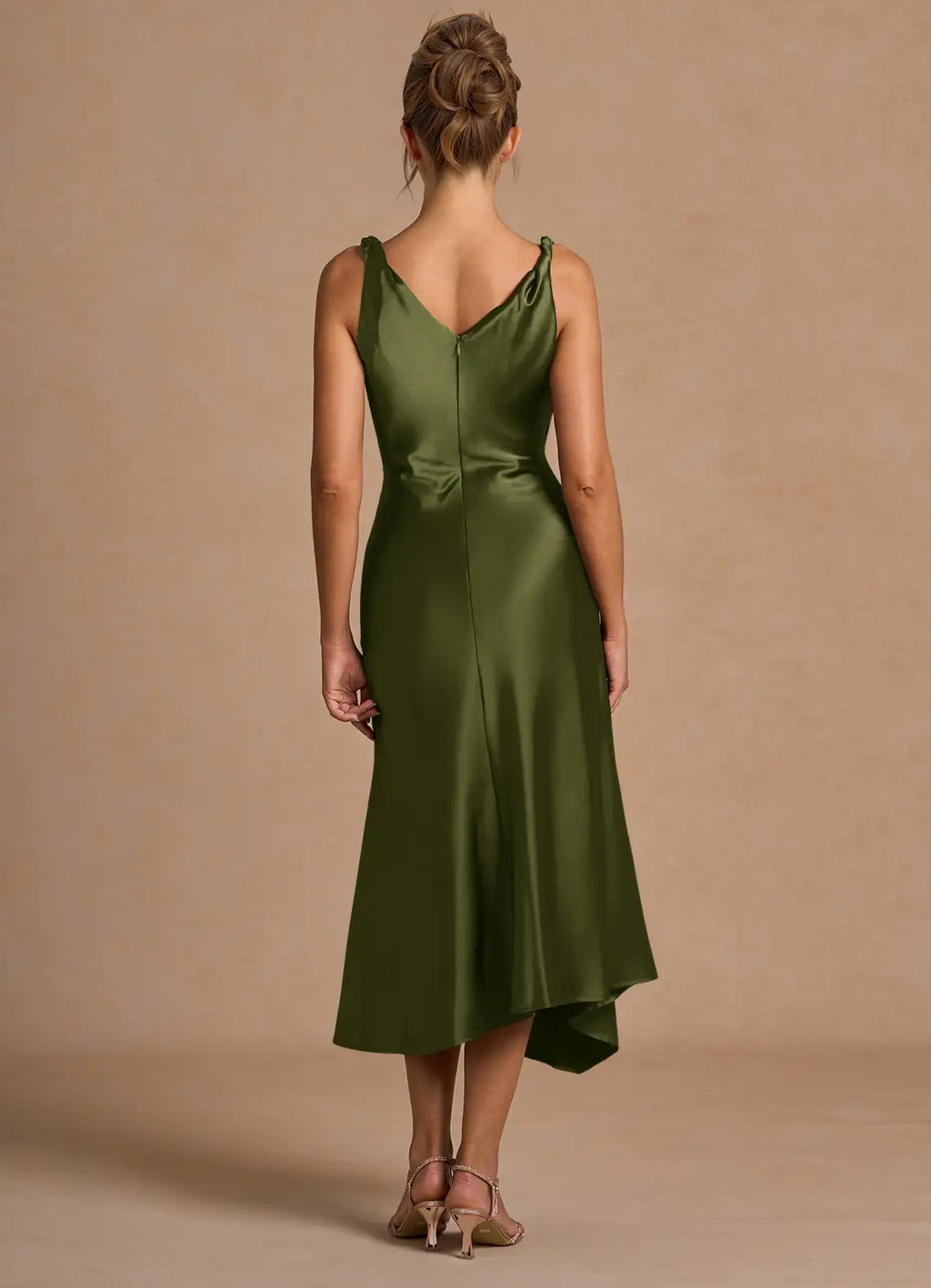 Cowl Neck Satin Sheath Asymmetrical Hem V Back Midi Length Female Prom Dress