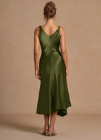 Cowl Neck Satin Sheath Asymmetrical Hem V Back Midi Length Female Prom Dress