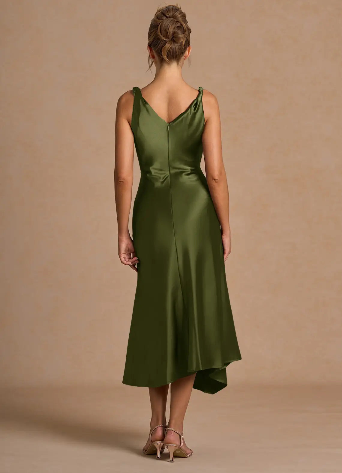 Cowl Neck Satin Sheath Asymmetrical Hem V Back Midi Length Female Prom Dress
