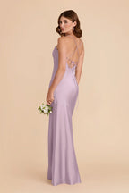 Cowl Neck Satin Bridesmaid Dress Crisscross Back Tie High Slit Spaghetti Strap Floor Length Wedding Guest Formal Gown