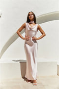 Pink Cowl Neck Floor Length Open Back Dress Sleeveless Sheath Mermaid Elegant Prom Dress With Scarf