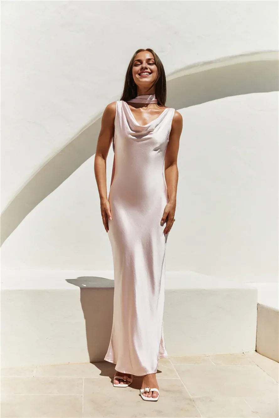 Pink Cowl Neck Floor Length Open Back Dress Sleeveless Sheath Mermaid Elegant Prom Dress With Scarf