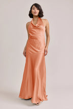Cowl Halter Satin Bridesmaid Dress with Tie Back & Mermaid Hem