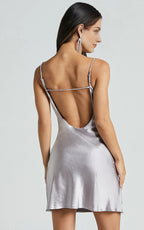 Silver Cowl Neck Backless Slip Knee-Length Dress Sheath Solid Color Simple Backless Homecoming Dress
