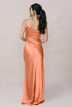 Cowl Neck Spaghetti Strap Satin Bridesmaid Dress with High Side Slit & Hidden Pockets