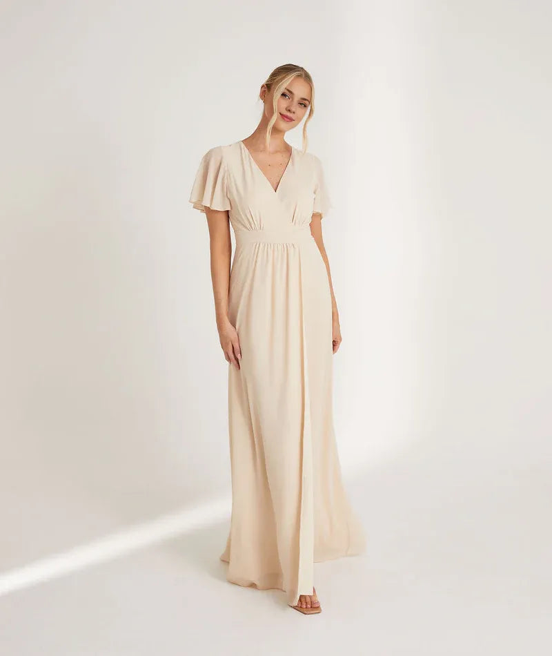 Blue Dress Fashion V Neck Wrap Tie Bridesmaid Dress Maxi Dress Solid Color Flutter Sleeve A-Line Prom Dress