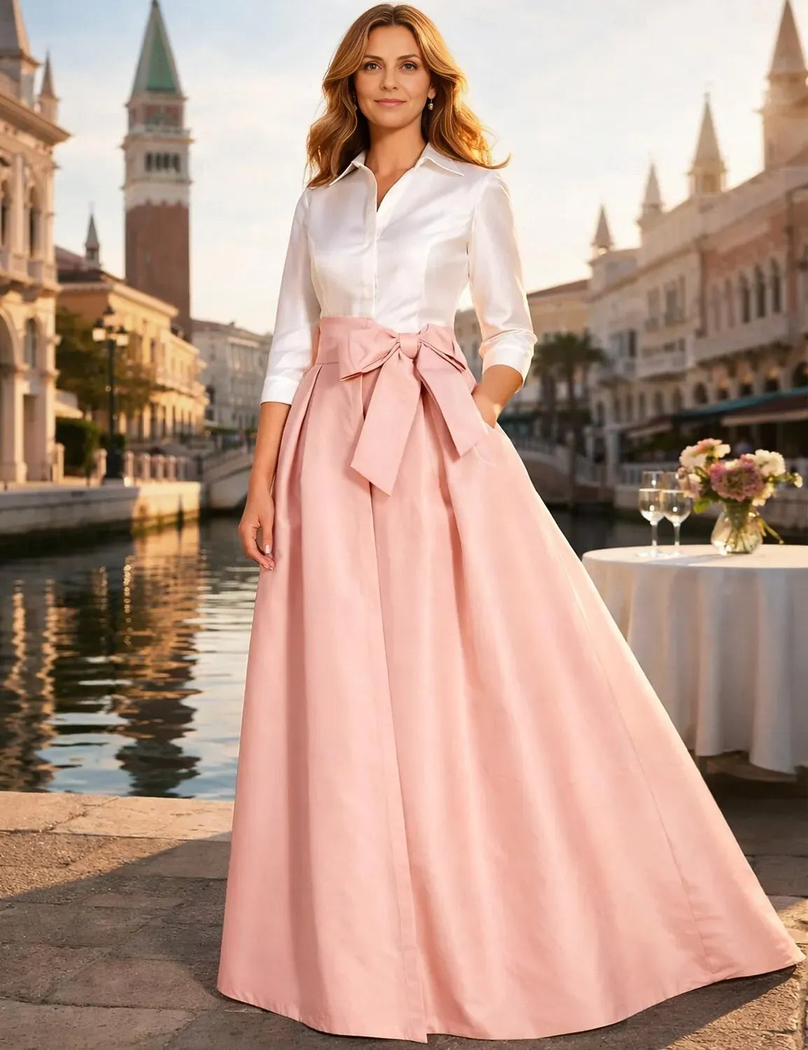 A-Line 3/4 Length Sleeve Shirt Collar Bow Floor-Length Mother of the Bride Dress