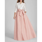 A-Line 3/4 Length Sleeve Shirt Collar Bow Floor-Length Mother of the Bride Dress