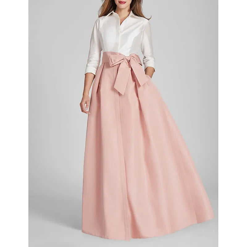 A-Line 3/4 Length Sleeve Shirt Collar Bow Floor-Length Mother of the Bride Dress