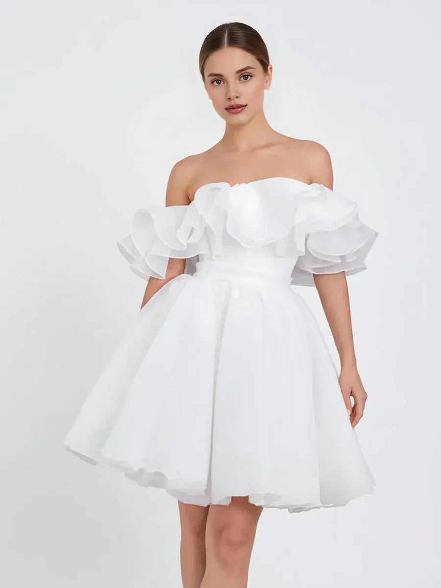 A-Line Off-The-Shoulder Sleeveless Pleated Short Mini Wedding Dress