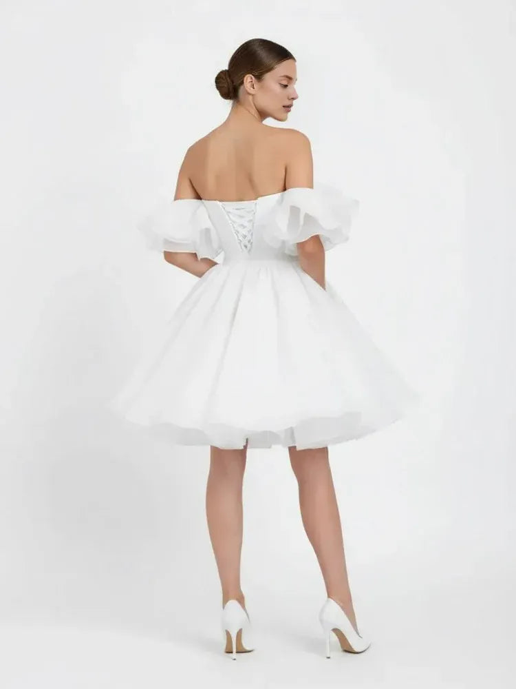 A-Line Off-The-Shoulder Sleeveless Pleated Short Mini Wedding Dress