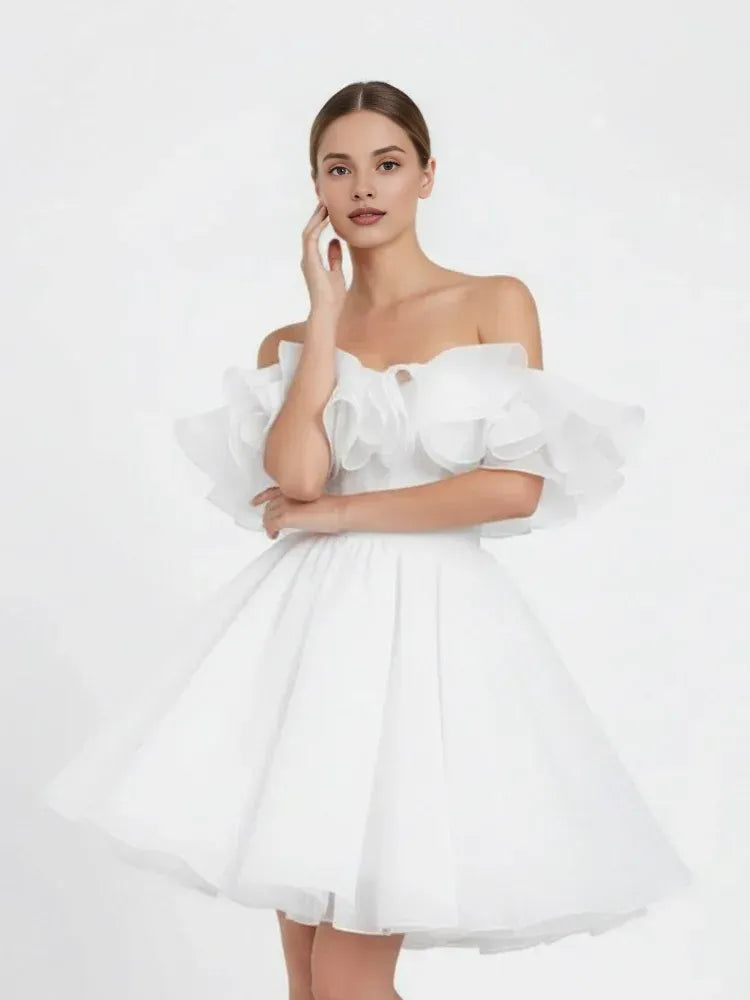 A-Line Off-The-Shoulder Sleeveless Pleated Short Mini Wedding Dress