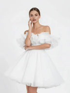 A-Line Off-The-Shoulder Sleeveless Pleated Short Mini Wedding Dress