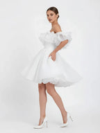A-Line Off-The-Shoulder Sleeveless Pleated Short Mini Wedding Dress