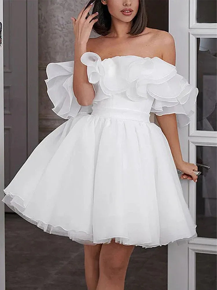 A-Line Off-The-Shoulder Sleeveless Pleated Short Mini Wedding Dress