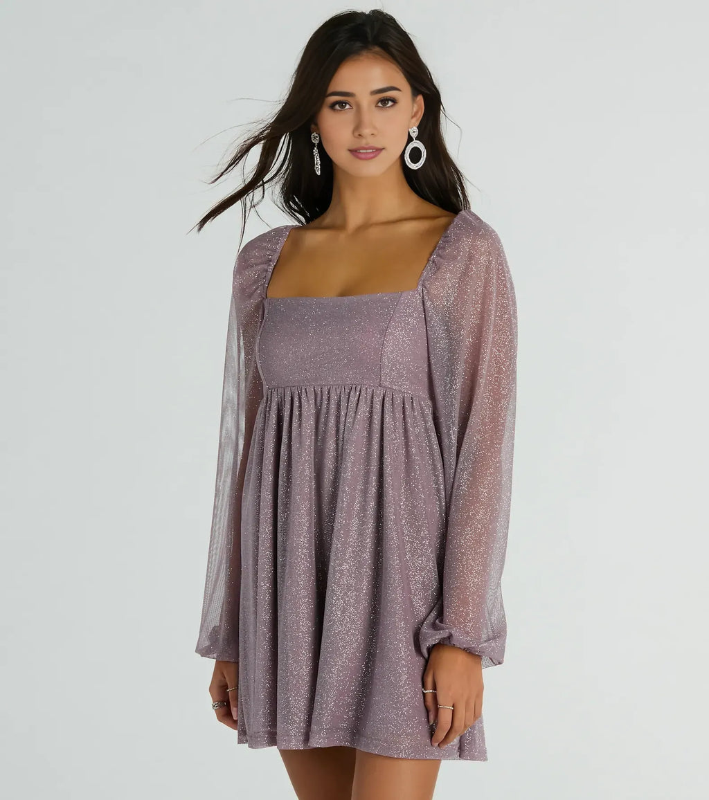 A-Line Square Neck Long Sleeve Glitter Short-Mini Homecoming Dress